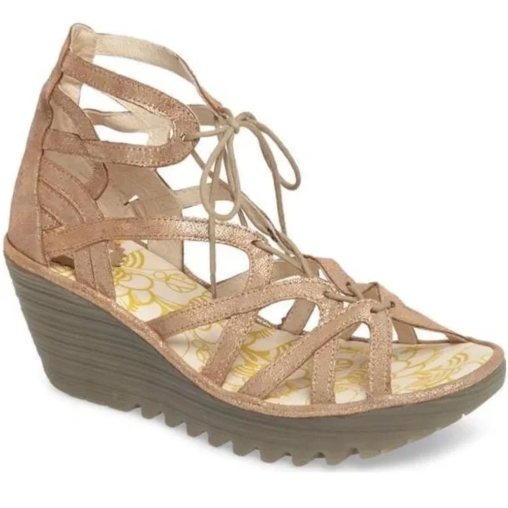 Fly London Yake Rose Gold Platform Sandal Size 38